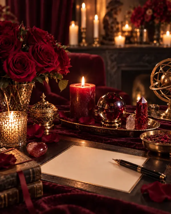 Bougie rouge, roses sombres et pétales sur un bureau éclairé à la chandelle