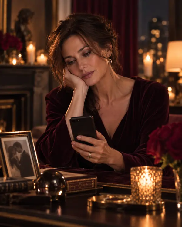 Une femme seule, pensive, regarde son téléphone près d’une photo de couple